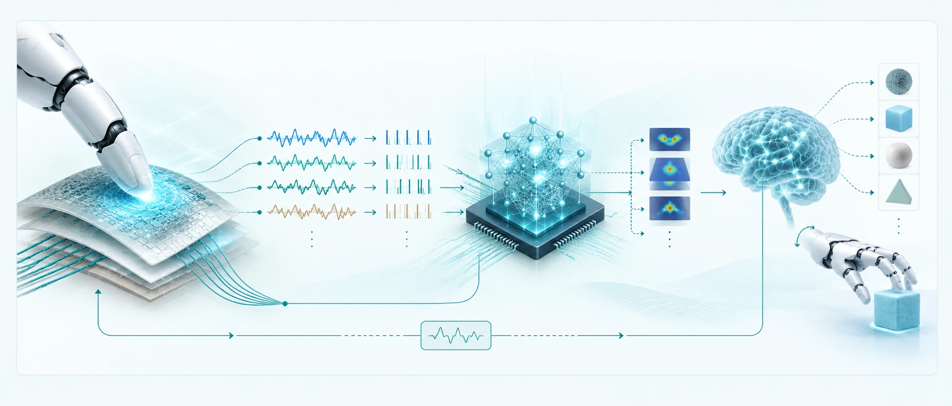 A continuous conceptual flow from a robotic fingertip touching a flexible sensor, through tactile signal encoding and neuromorphic computing, to robotic object understanding and a feedback loop.